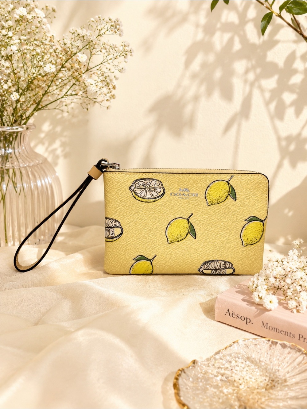 Coach Corner Zip Wristlet Lemon Print CBB80 NWT Silver Hardware